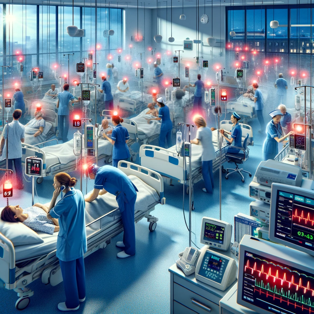 A visual representation of a busy hospital ward with alarm monitors constantly sounding.