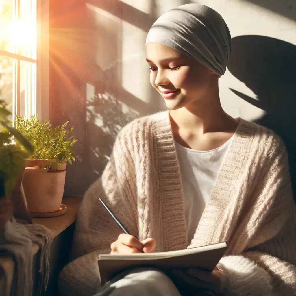 A teenage female cancer patient sitting by a window in a serene room, with sunlight on her face.