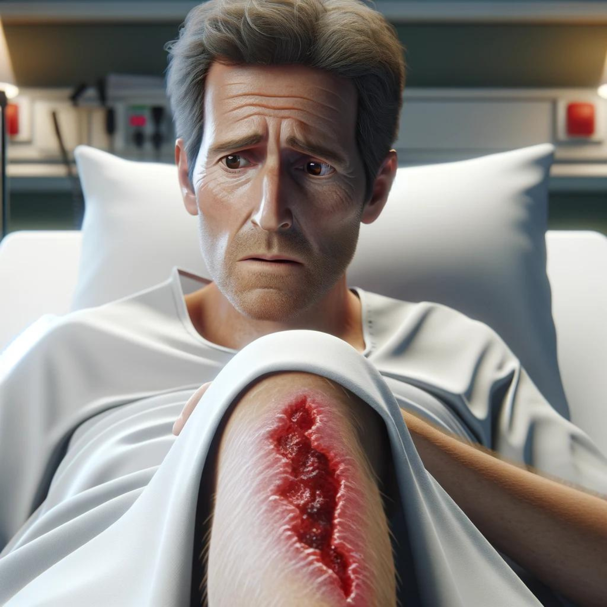 Image of a man in a hospital bed with a leg ulcer. He looks stressed and concerned.